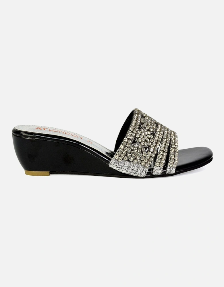'Olive' Square Toe Embellished Diamante Wedge Heel Sandal