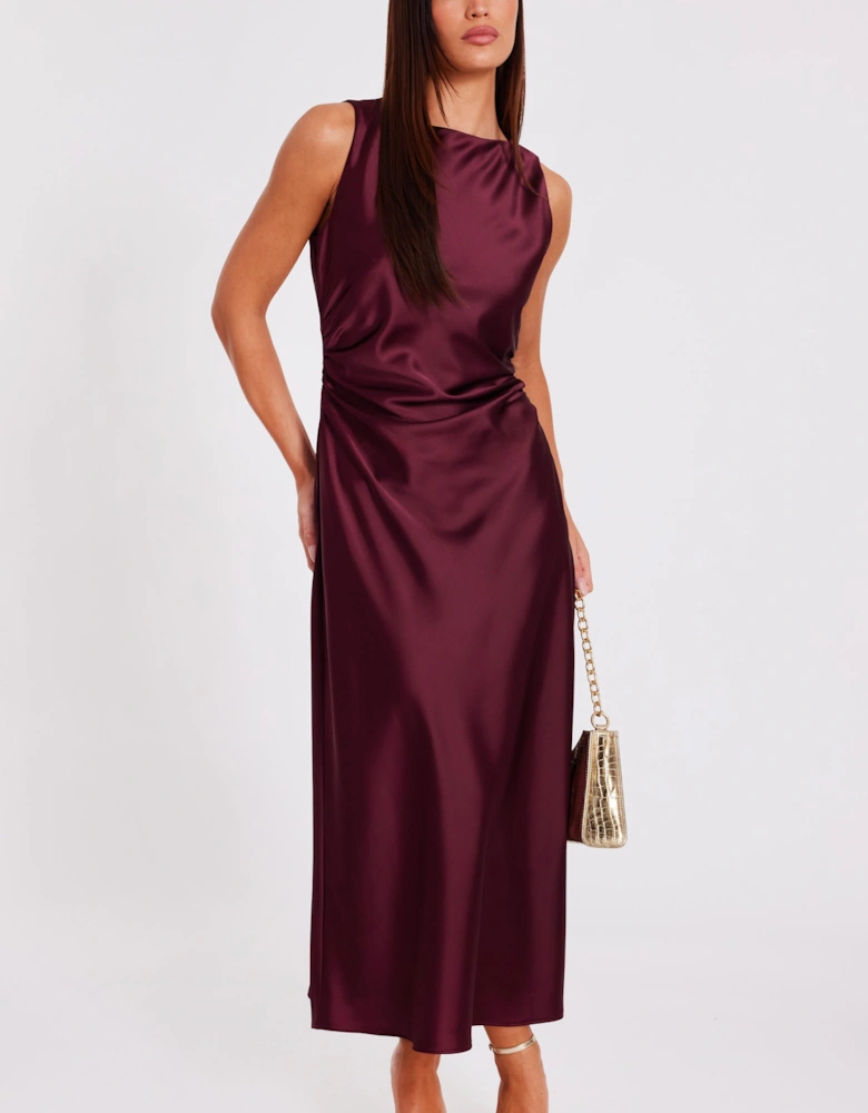 Red Satin Ruched Midi Dress