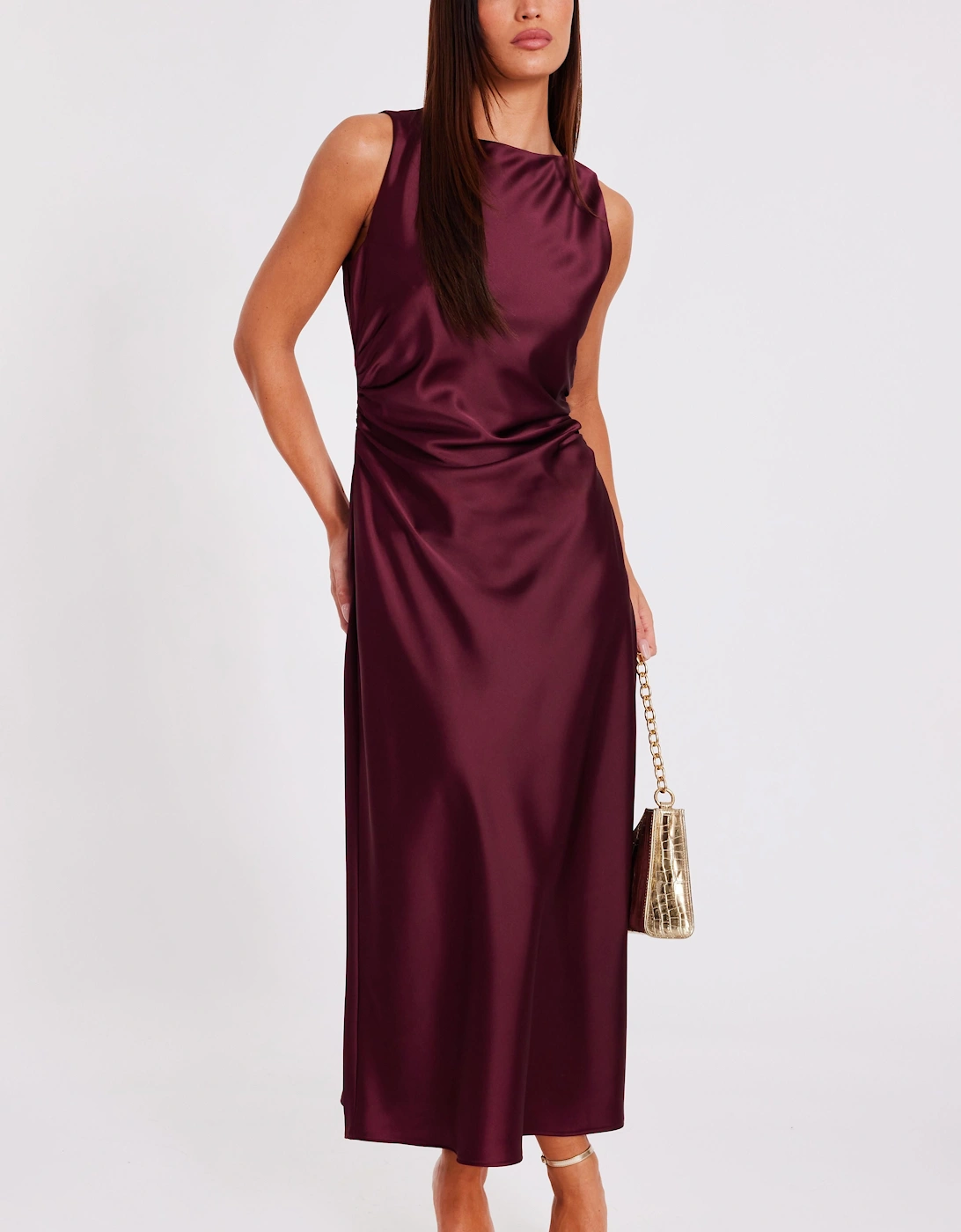 Red Satin Ruched Midi Dress, 2 of 1