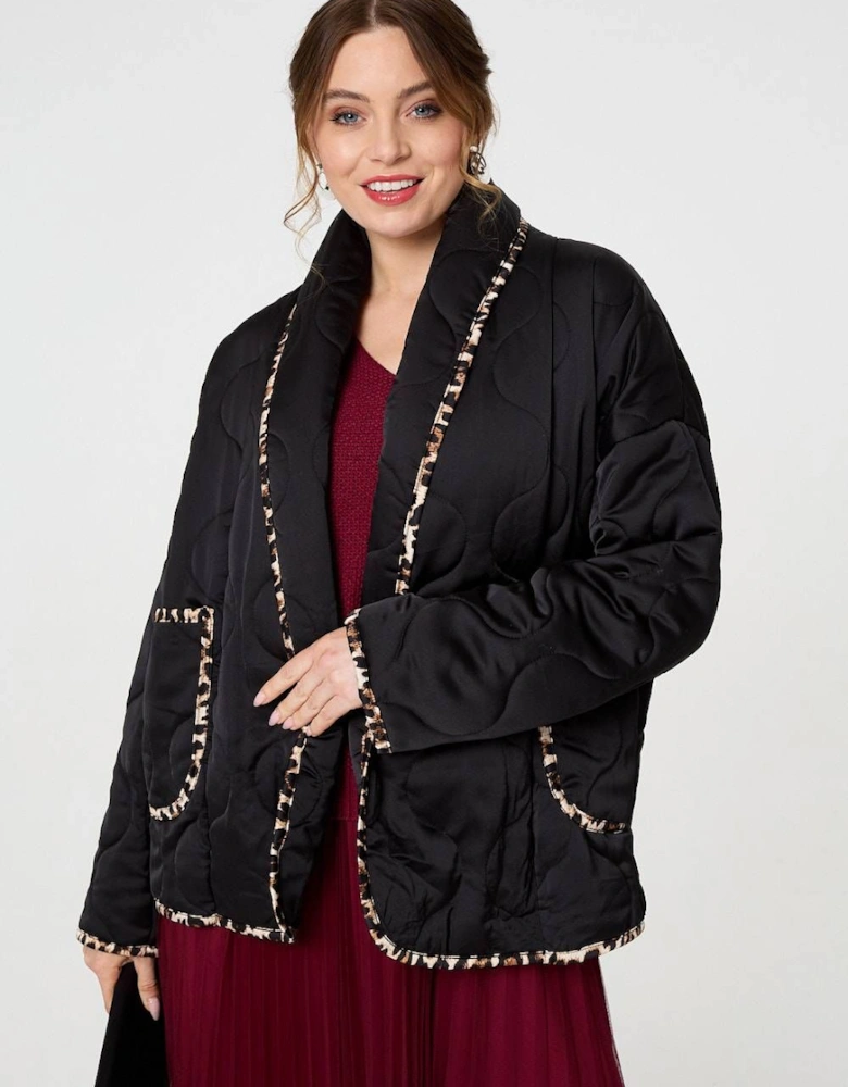 Animal Print Trim Open Front Padded Coat