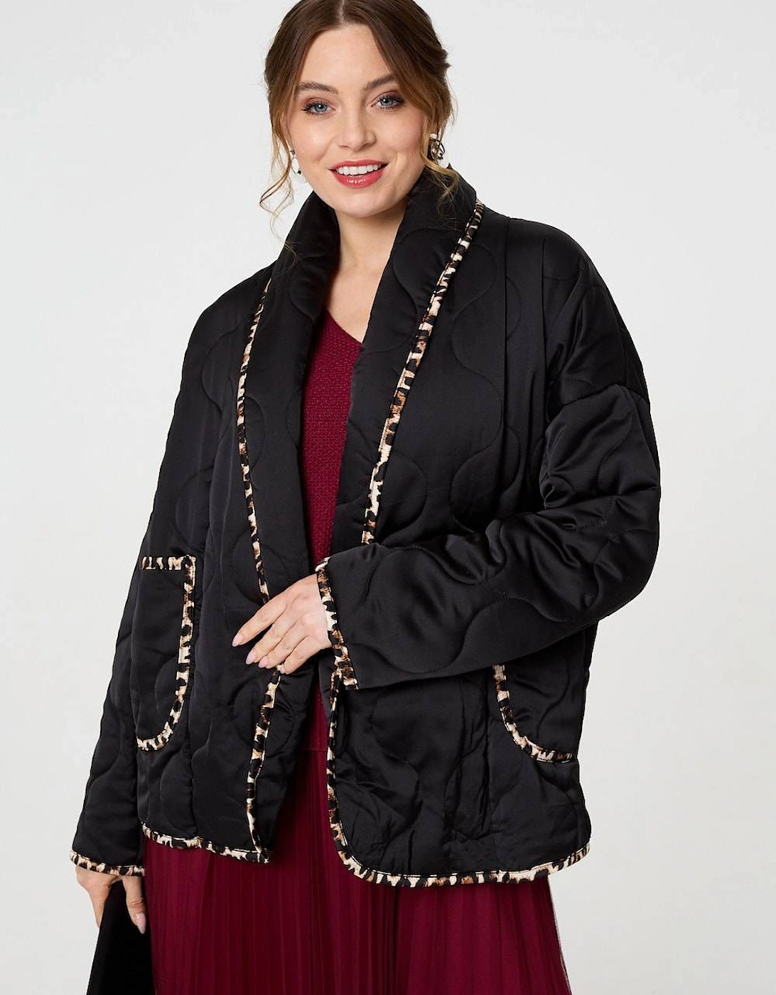 Animal Print Trim Open Front Padded Coat, 2 of 1