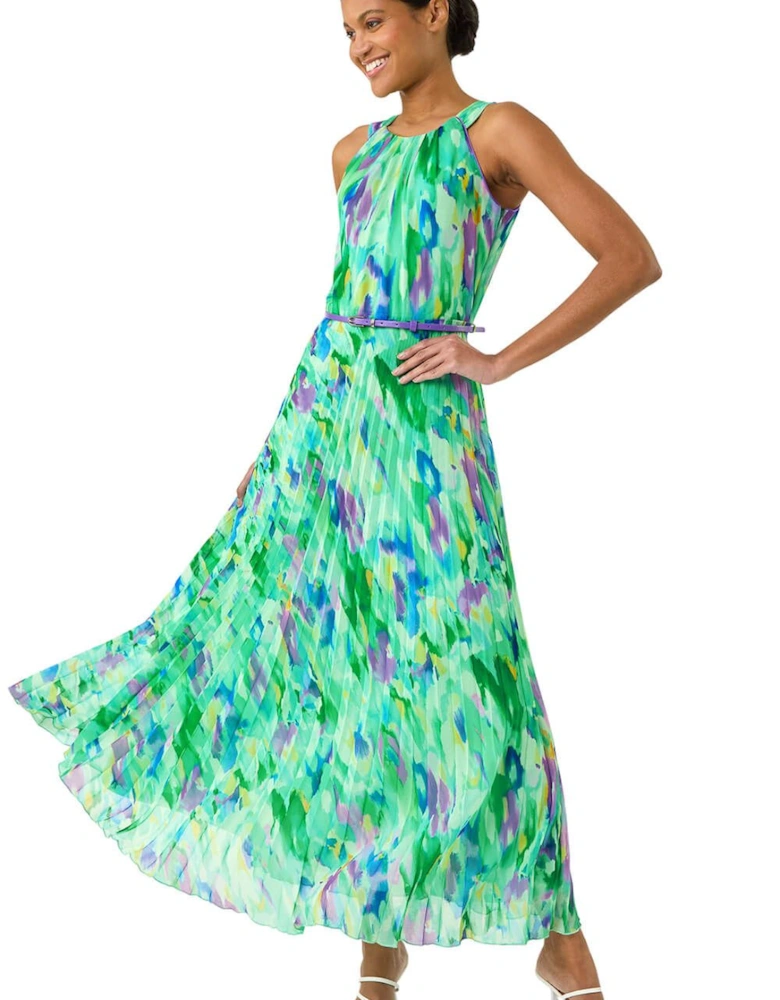 Blurred Print Pleated Maxi Dress
