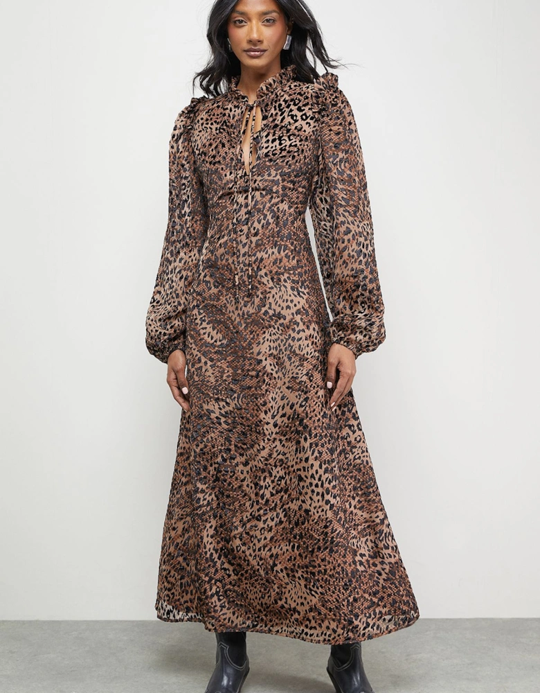 Burnout Velvet Frill Shoulder Tie Front Midi Dress