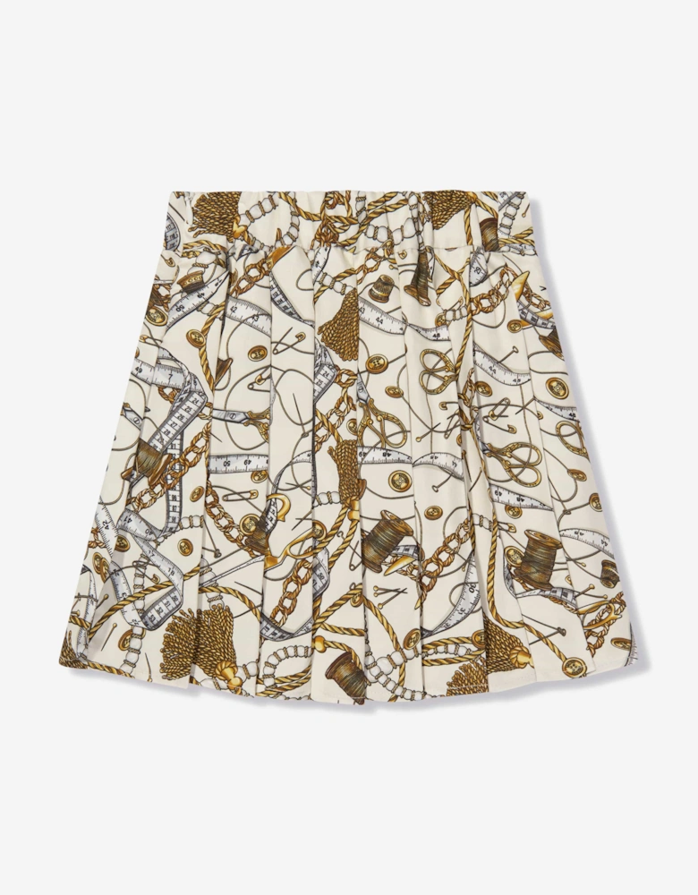Girls Pleated Chains Skirt in Ivory