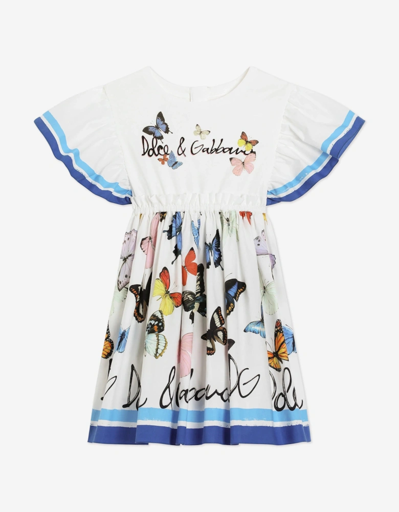Girls Butterfly Print Dress in White