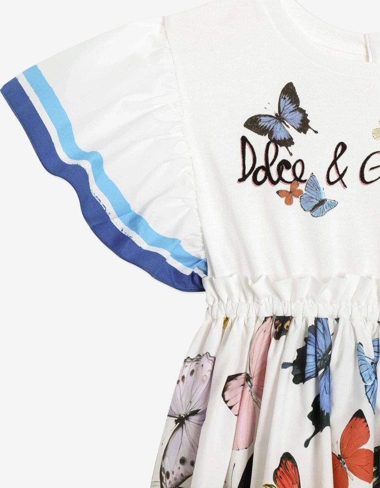 Girls Butterfly Print Dress in White