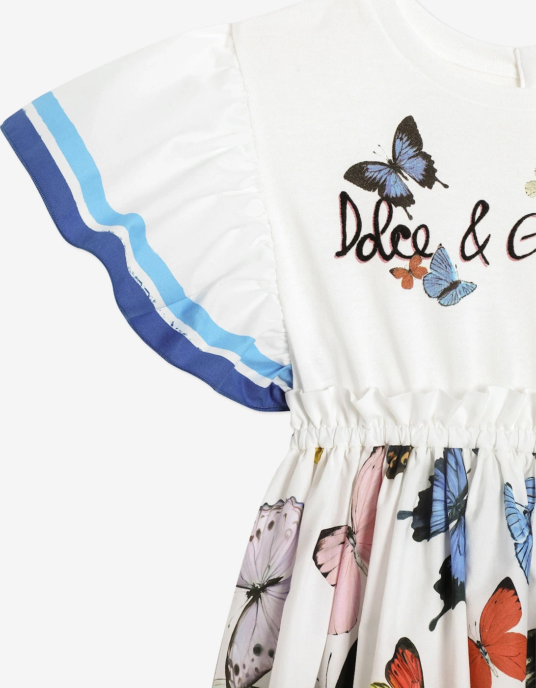 Girls Butterfly Print Dress in White