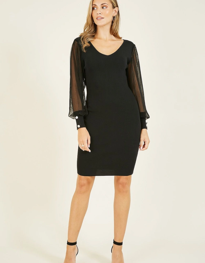 Black Knitted Bodycon Dress With Chiffon Sleeves