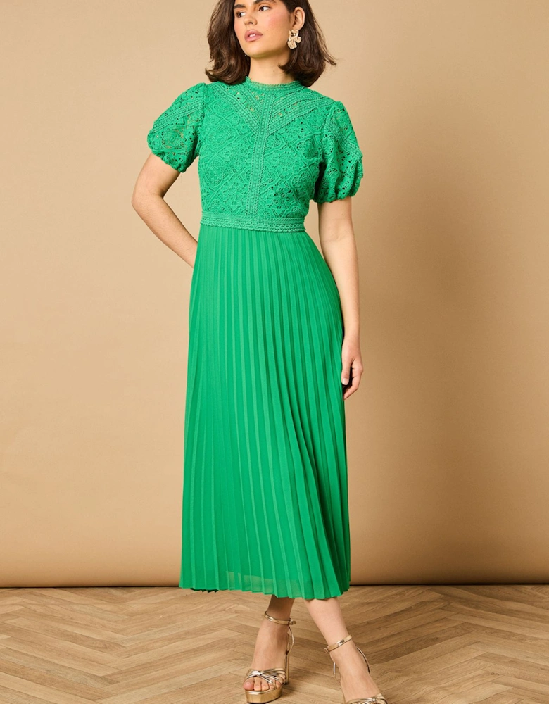 Lace Puff Sleeve Pleated Midi Dress