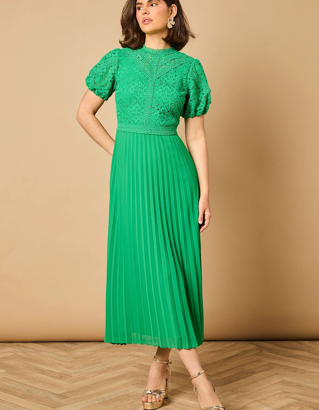 Lace Puff Sleeve Pleated Midi Dress, 2 of 1