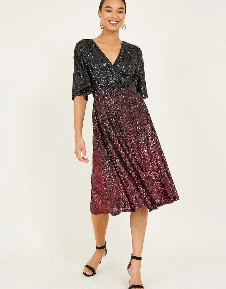 Black and Red Ombre Sequin Midi Wrap Dress