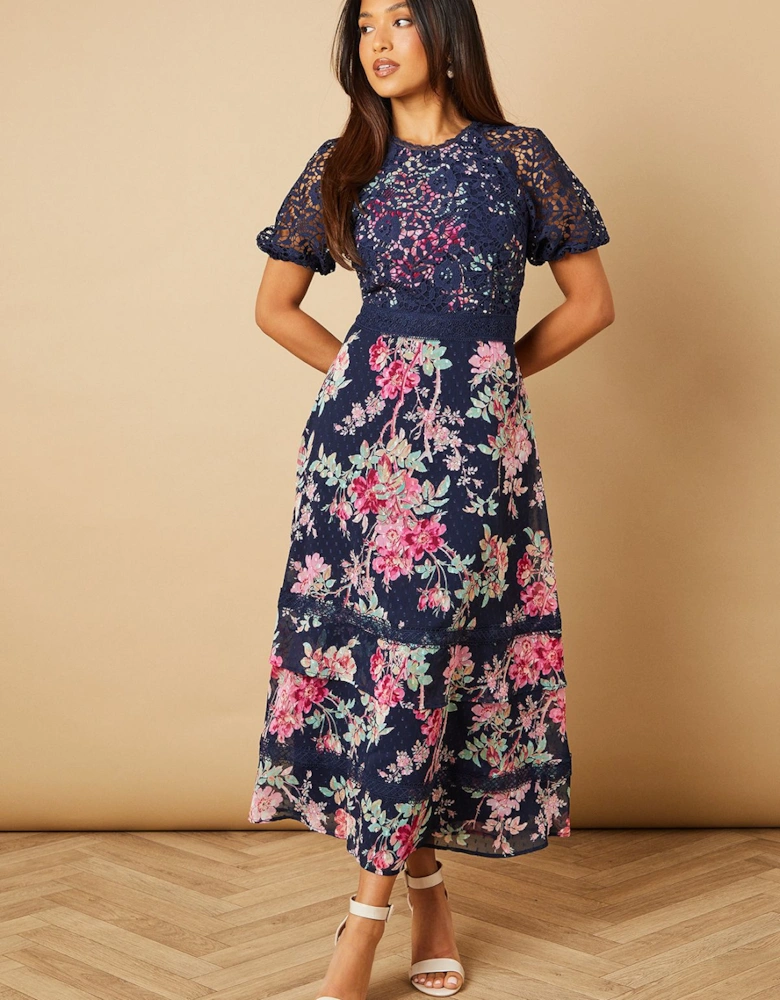 Petite Occasion Floral Lace Bodice Midi Dress