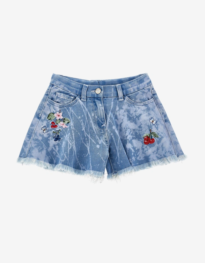 Girls Flower and Fruit Denim Shorts in Blue