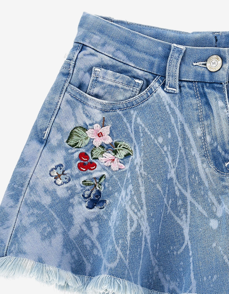 Girls Flower and Fruit Denim Shorts in Blue
