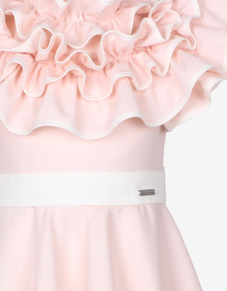 Girls Dotty Jacquard Frilly Glamour Dress in Pink