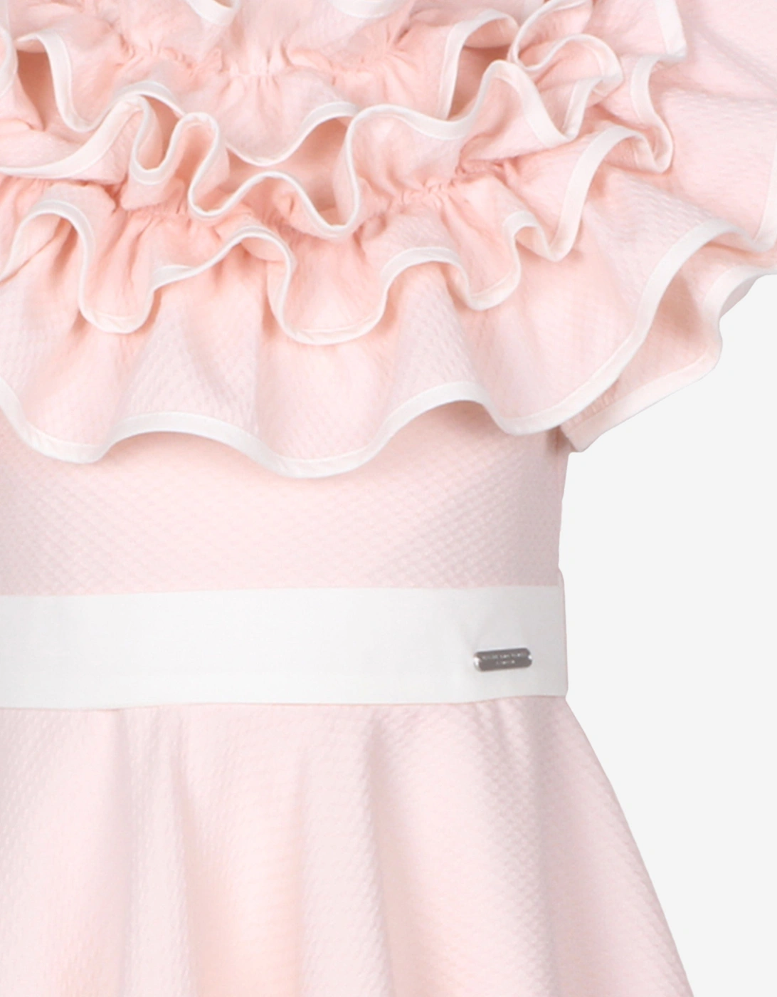 Girls Dotty Jacquard Frilly Glamour Dress in Pink
