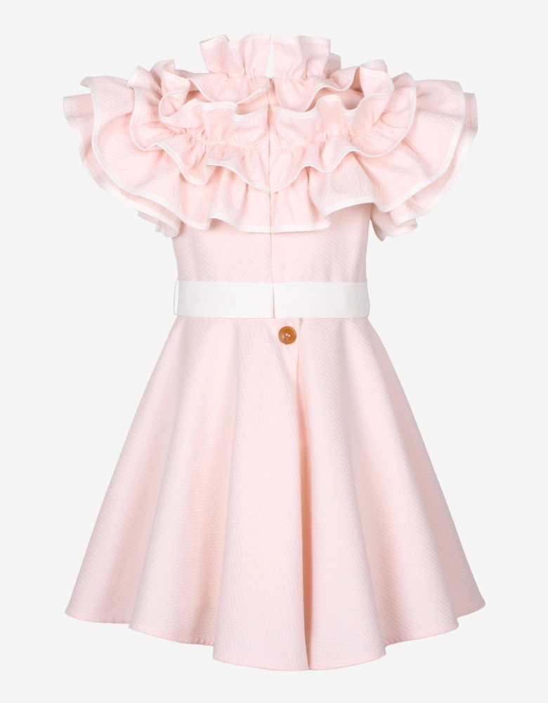 Girls Dotty Jacquard Frilly Glamour Dress in Pink
