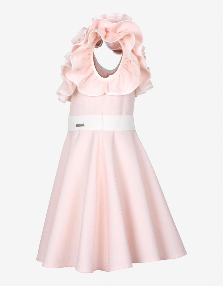 Girls Dotty Jacquard Frilly Glamour Dress in Pink