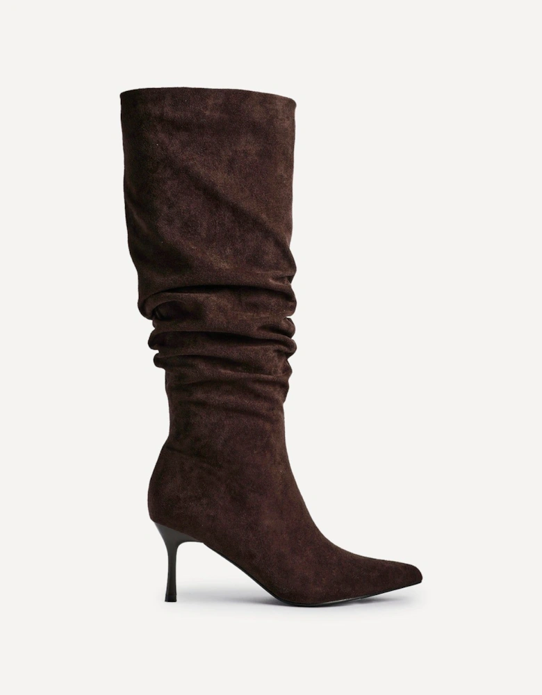 Rosenna Brown Suede Ruched High Leg Heeled Boot