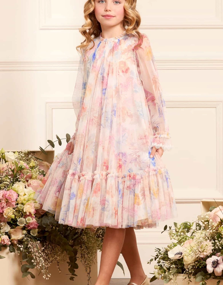 Girls Tulle Mariannes Floral Dress in White