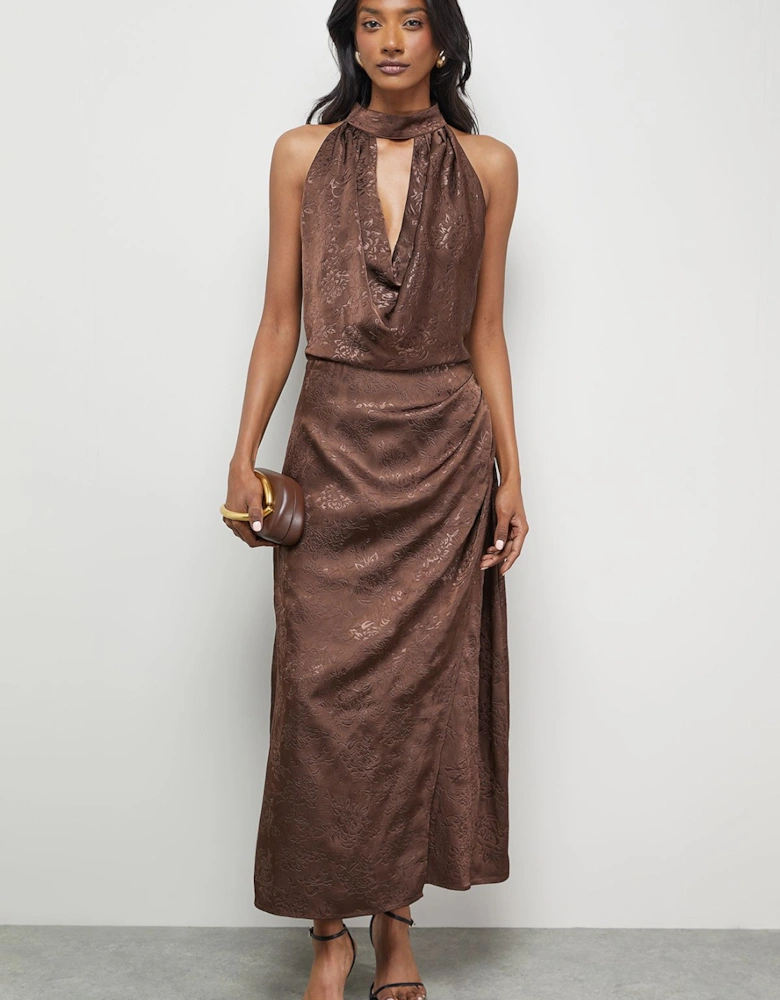 Satin Jacquard Halter Keyhole Front Midi Dress