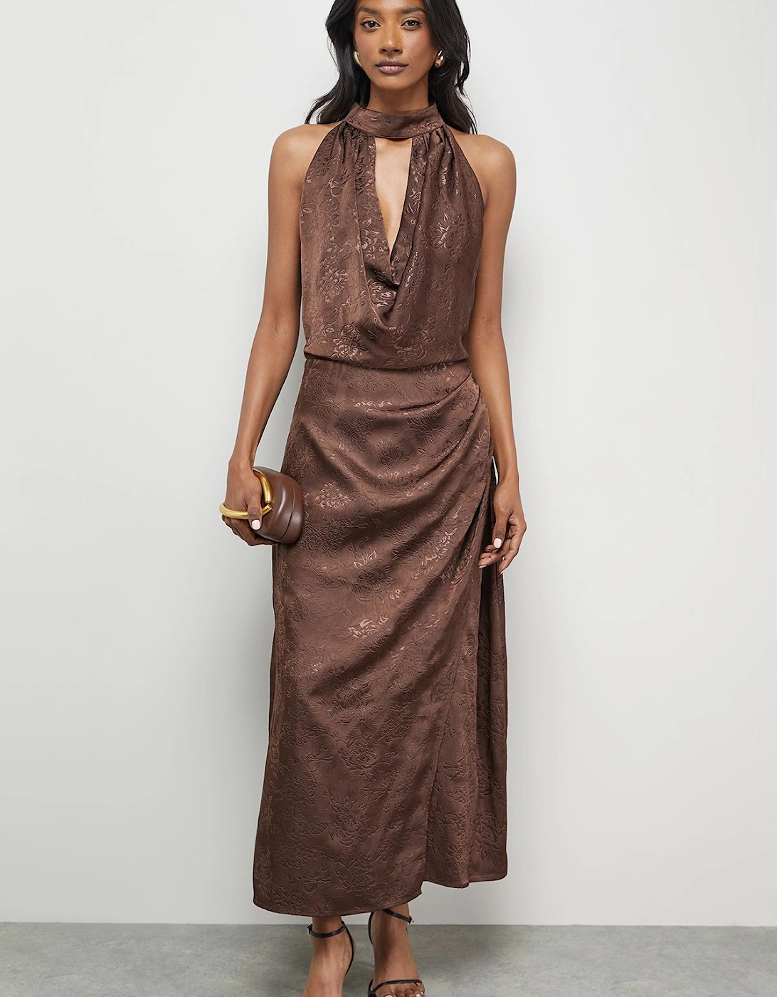 Satin Jacquard Halter Keyhole Front Midi Dress, 2 of 1