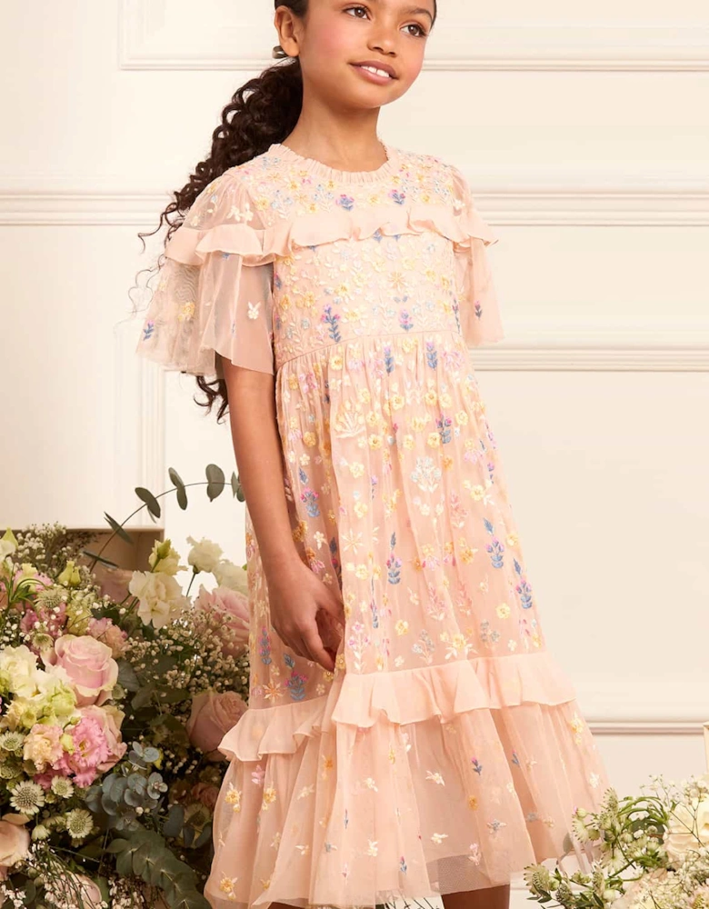 Girls Tulle Flowerbed Embroidery Dress in Pink