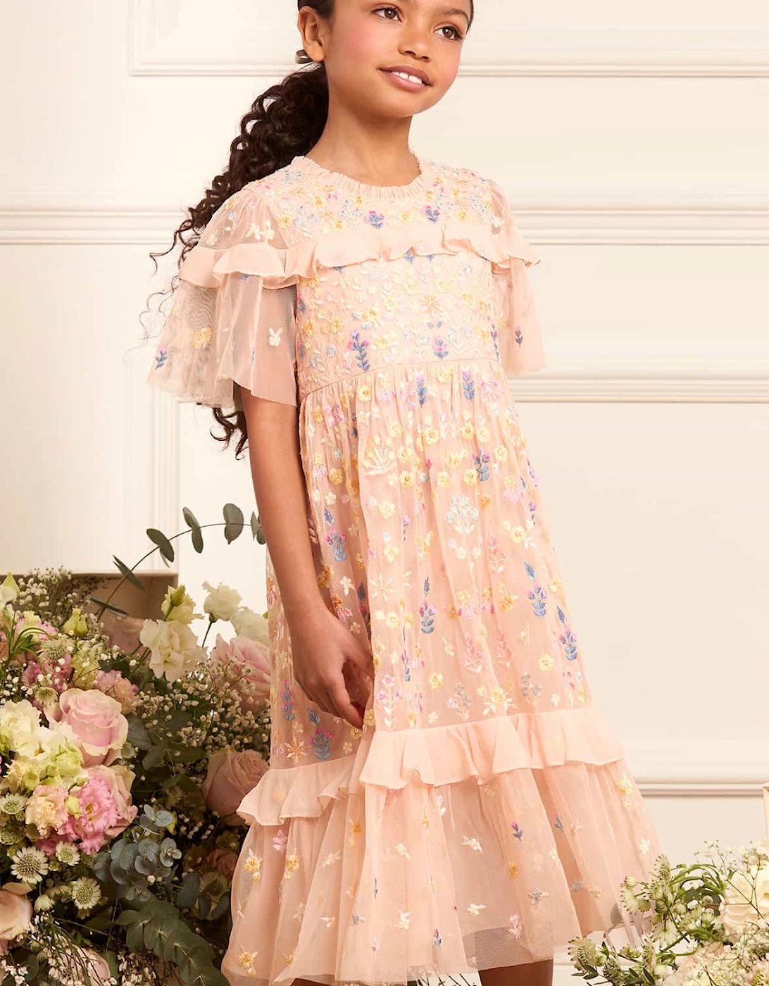 Girls Tulle Flowerbed Embroidery Dress in Pink