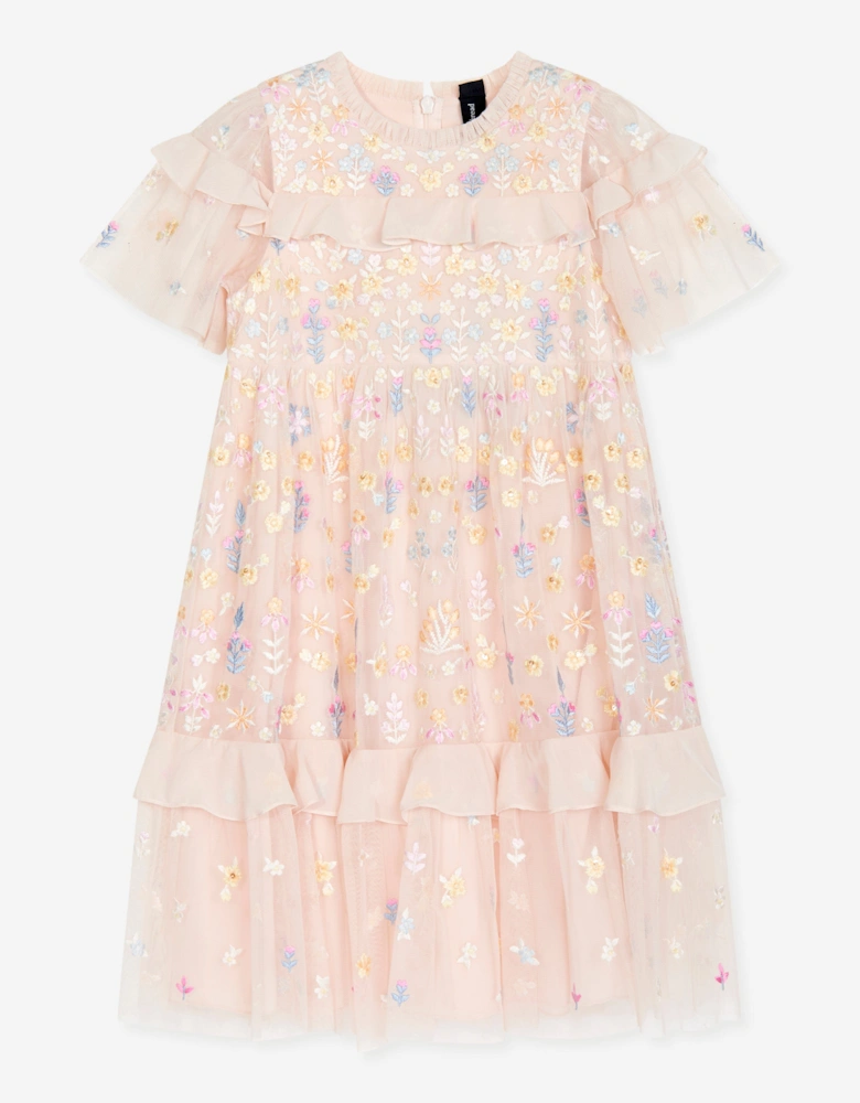 Girls Tulle Flowerbed Embroidery Dress in Pink