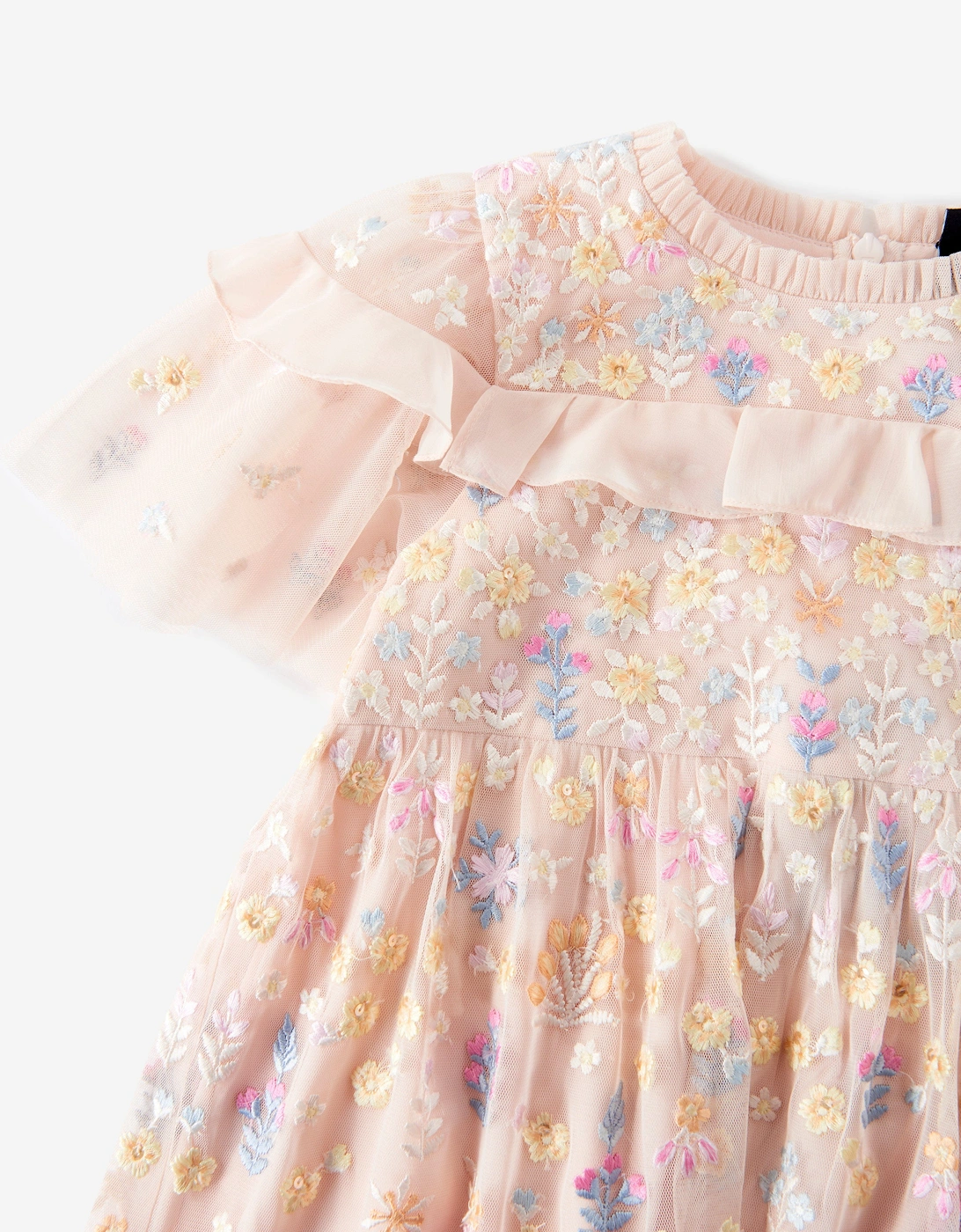 Girls Tulle Flowerbed Embroidery Dress in Pink