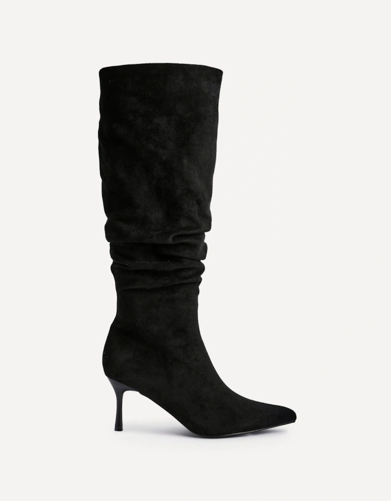 Rosenna Black Suede Ruched High Leg Heeled Boot