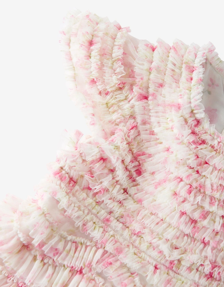 Girls Tulle Rose Ditsy Ruffle Dress in Pink