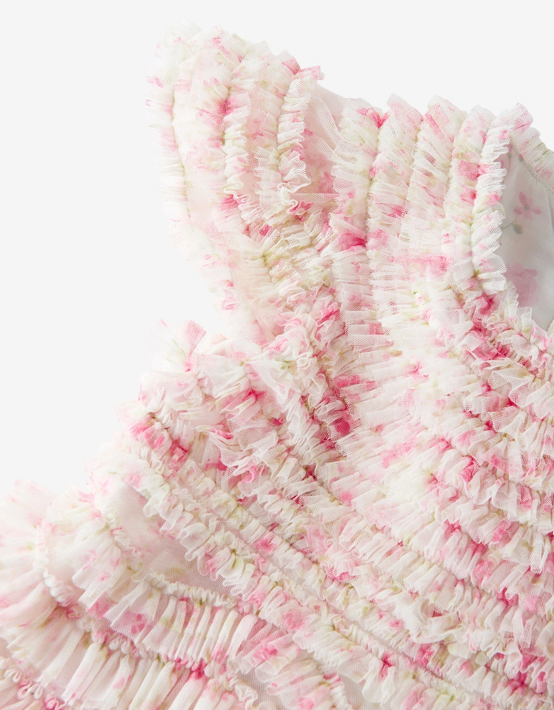 Girls Tulle Rose Ditsy Ruffle Dress in Pink