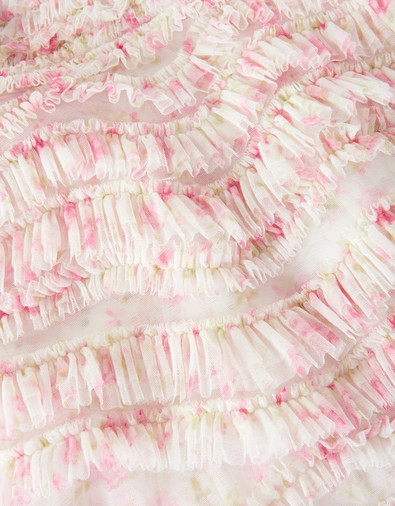 Girls Tulle Rose Ditsy Ruffle Dress in Pink