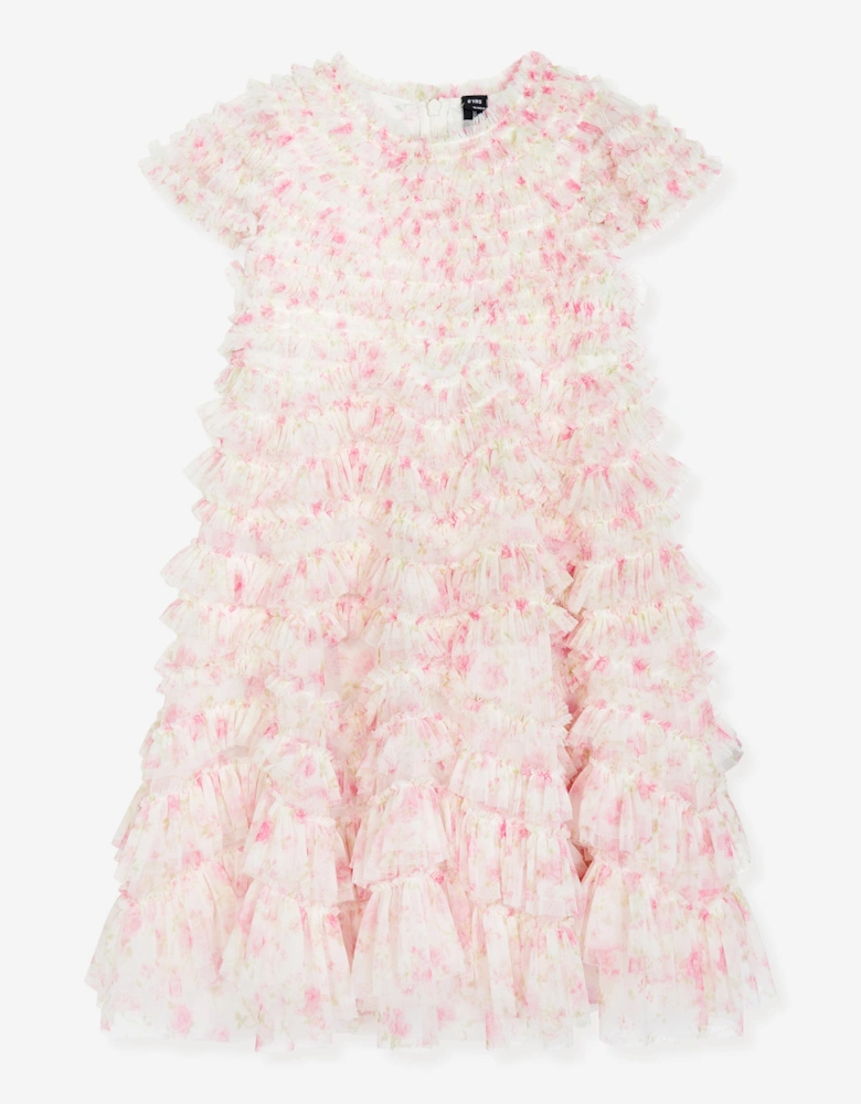 Girls Tulle Rose Ditsy Ruffle Dress in Pink