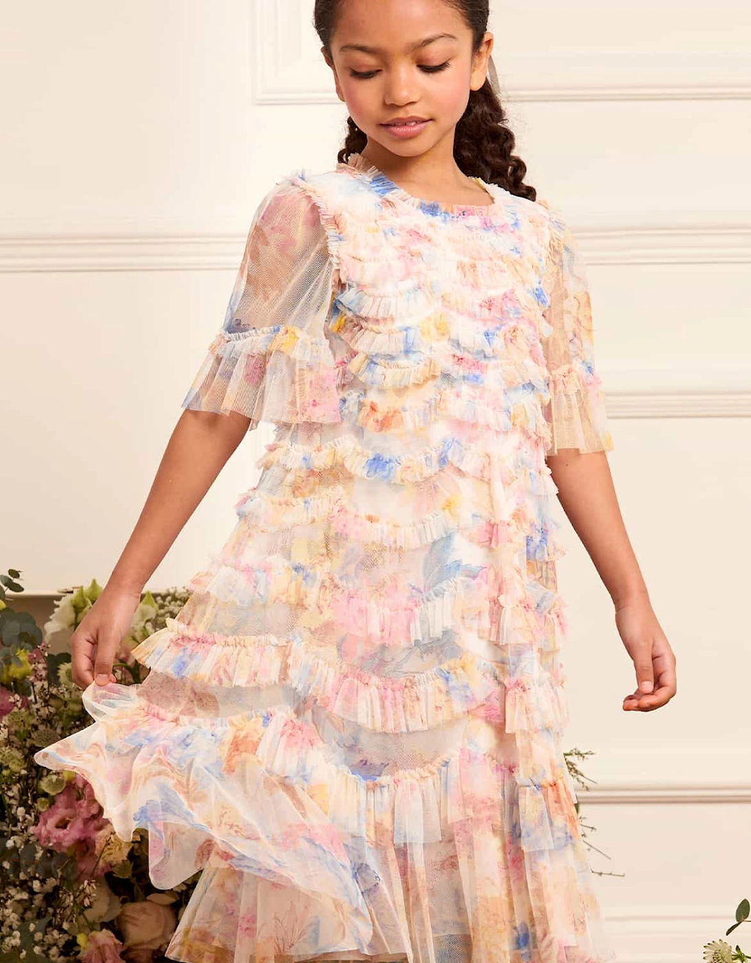 Girls Tulle Mariannes Floral Scallop Ruffle Dress in White