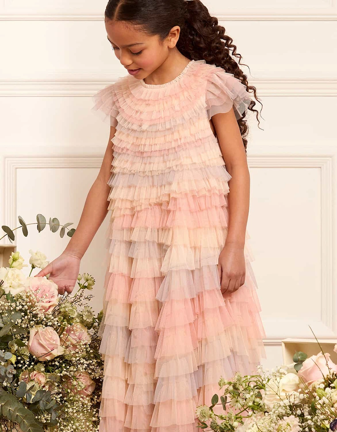 Girls Tulle Petra Ruffle Dress in Pink