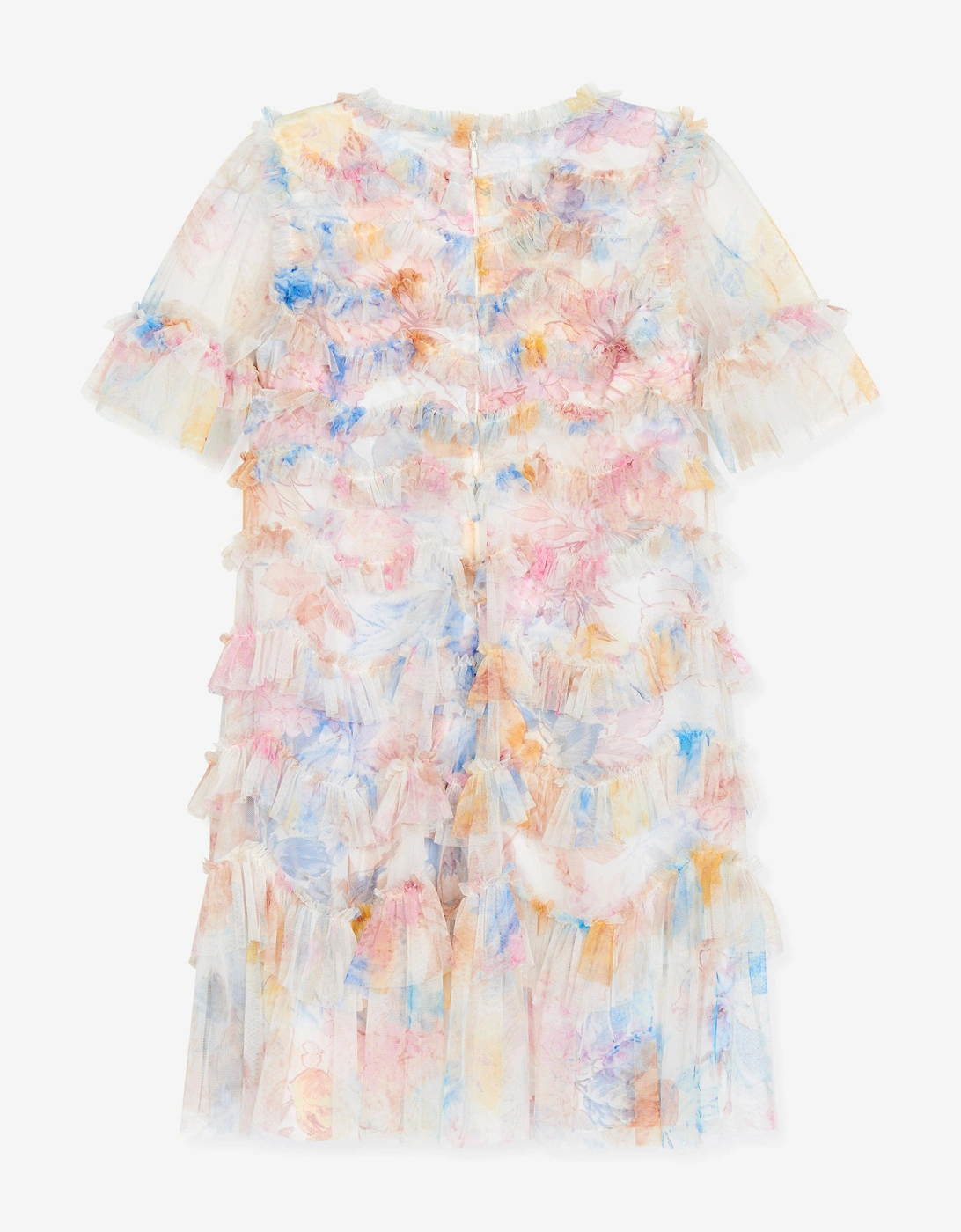 Girls Tulle Mariannes Floral Scallop Ruffle Dress in White