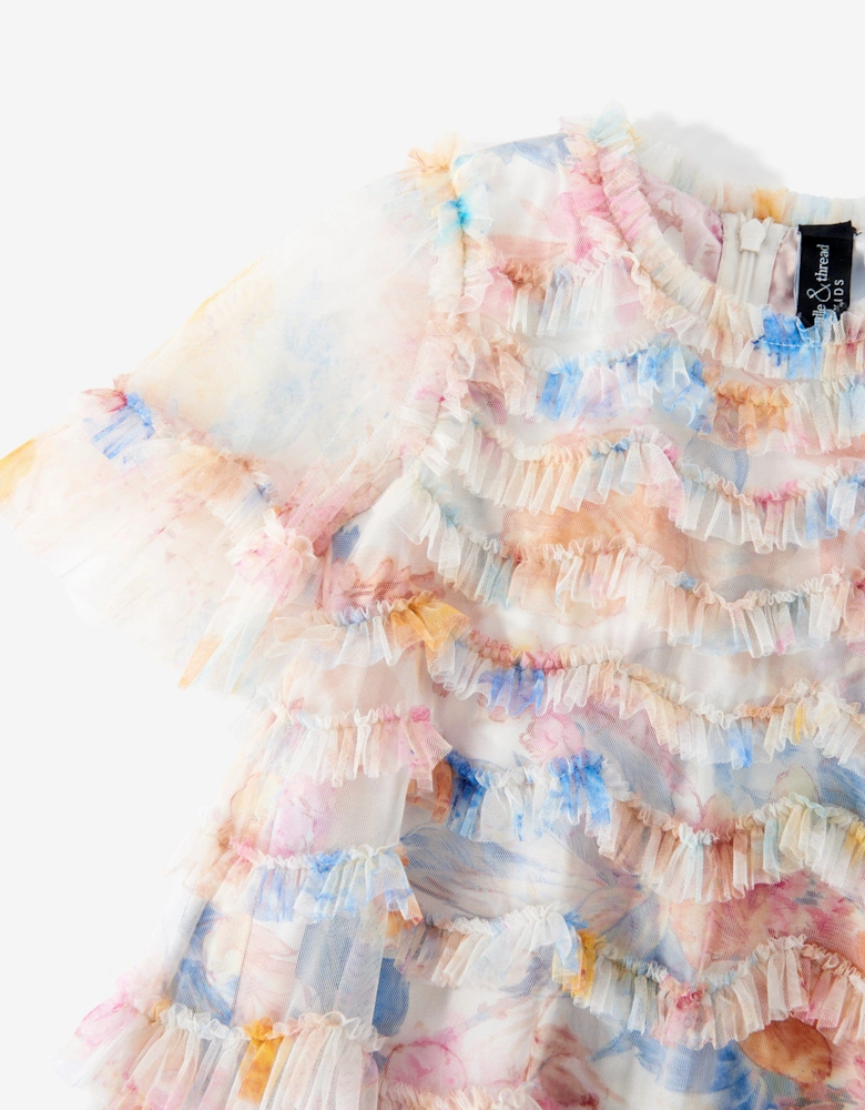 Girls Tulle Mariannes Floral Scallop Ruffle Dress in White