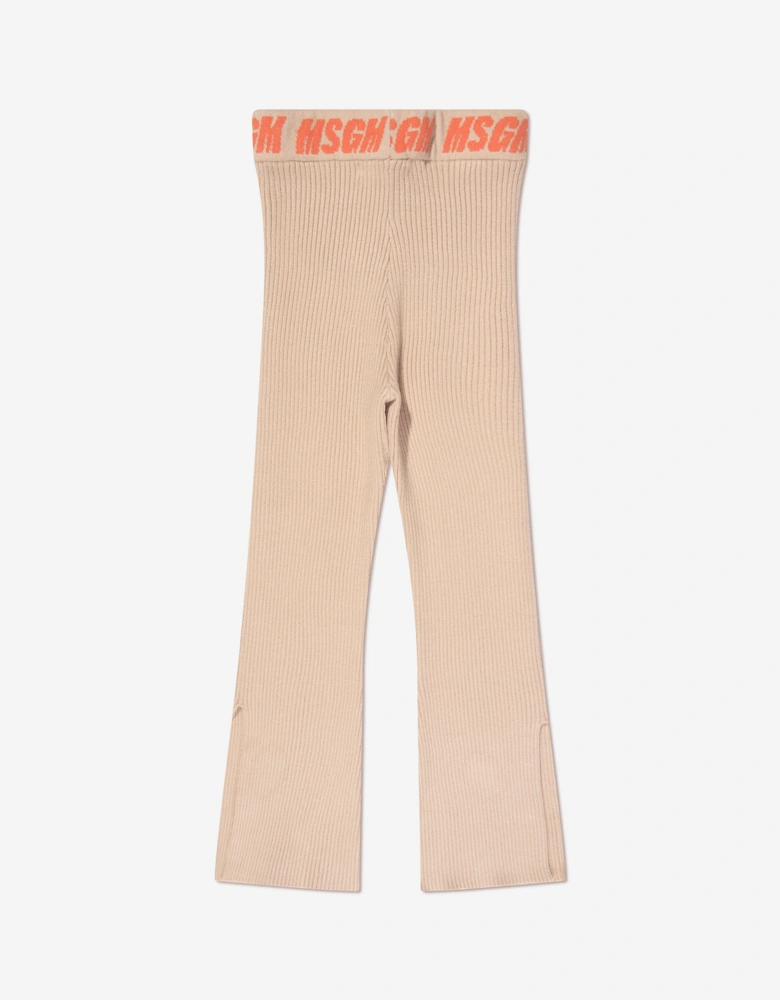 Girls Rib Knitted Flared Pants in Beige