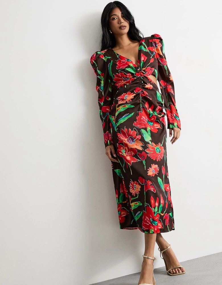 Satin Cut Out Waist Plunge Neck Midi Dress