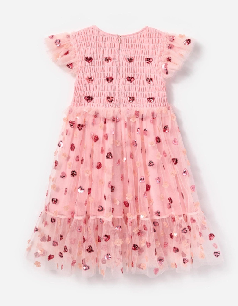 Girls Mesh Heart Sequin Dress in Pink