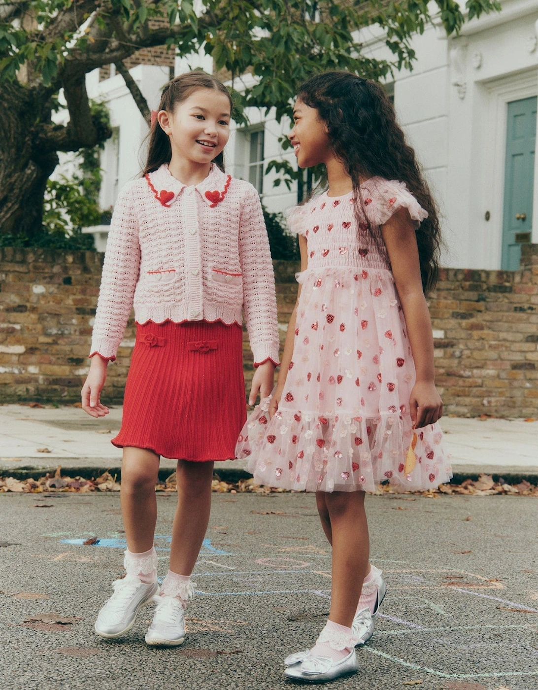 Girls Mesh Heart Sequin Dress in Pink