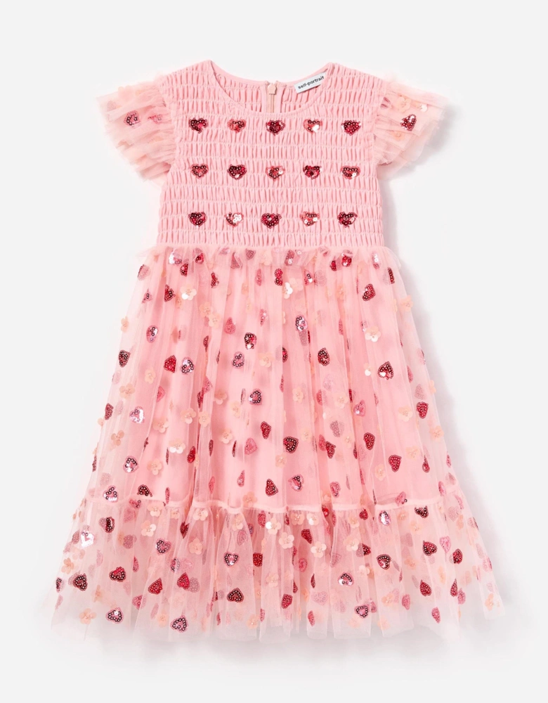 Girls Mesh Heart Sequin Dress in Pink