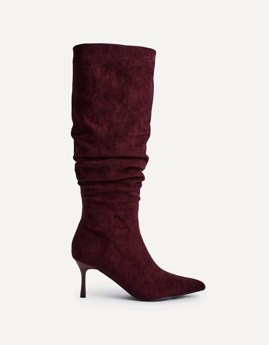 Rosenna Burgundy Faux Suede Ruched High Leg Heeled Boot, 2 of 1