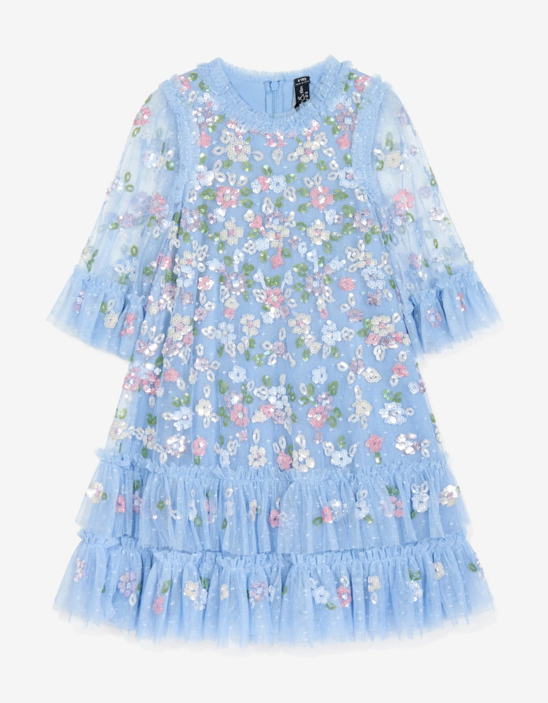 Girls Tulle Sequin Bloom Dress in Blue