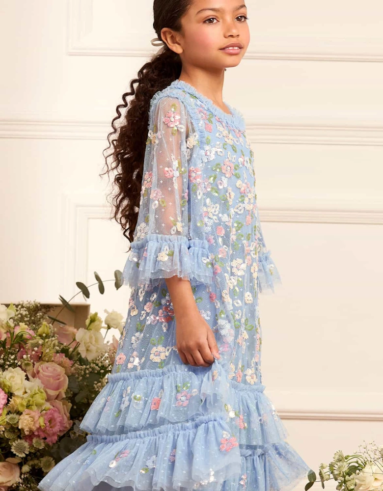 Girls Tulle Sequin Bloom Dress in Blue