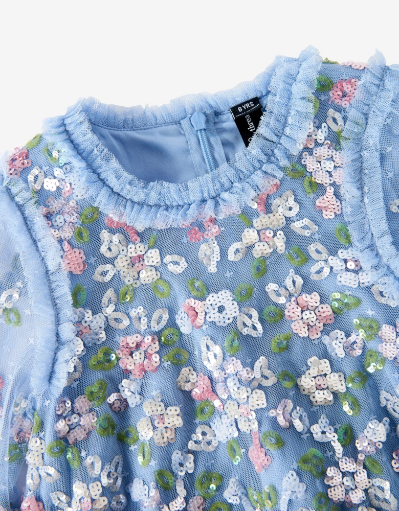 Girls Tulle Sequin Bloom Dress in Blue