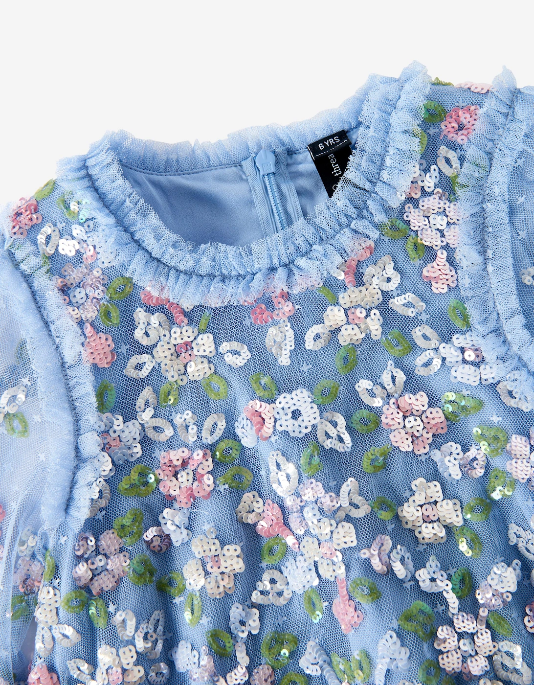 Girls Tulle Sequin Bloom Dress in Blue
