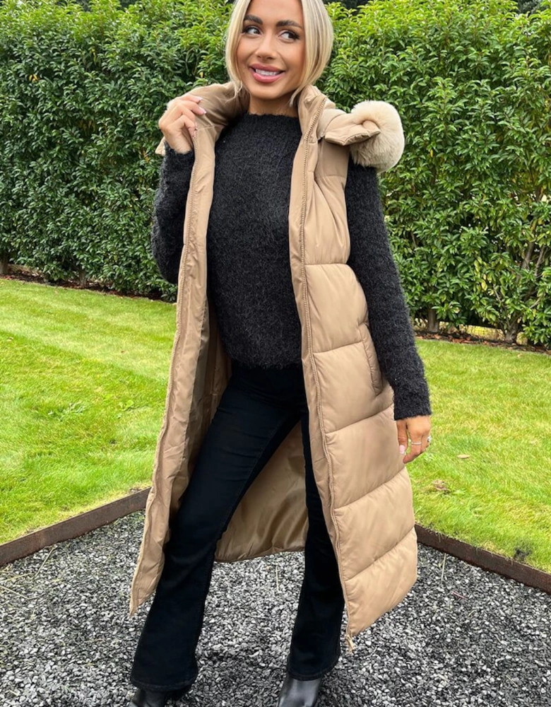 Biscuit Faux Fur Hooded Longline Padded Gilet